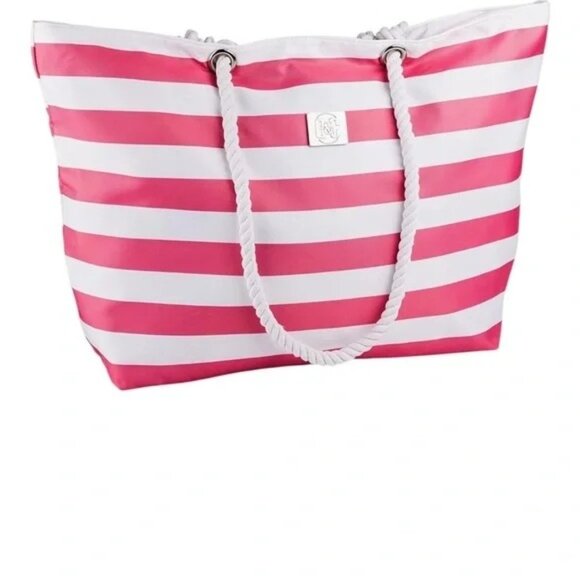 Nautica Handbags - Pink & White Striped Rope Handle Tote Bag With Inner Zipper Pocket